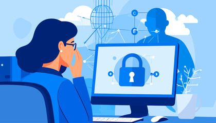 Woman Looking at Computer Screen with Lock.