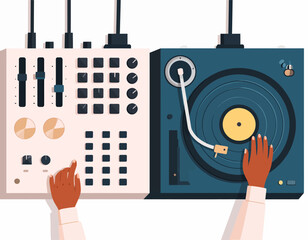DJ Mixing Music with Turntable and Controller.