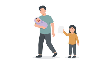 Overwhelmed father carrying crying baby while sad daughter stands nearby © StockStudio