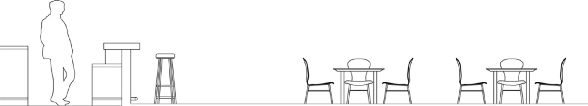 Technical interior design elevation view showing furniture layouts with counter seating, dining tables with chairs, and human figure for scale reference.