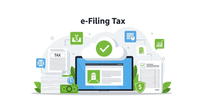 E-Filing Tax Online with Cloud System Security and Financial Documents Illustration