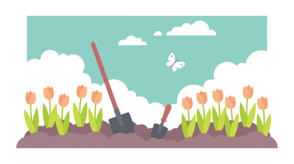 Minimalist illustration of spring garden with flowers and shovels © StockStudio