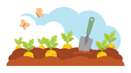 Spring gardening illustration with growing vegetables and a shovel © StockStudio