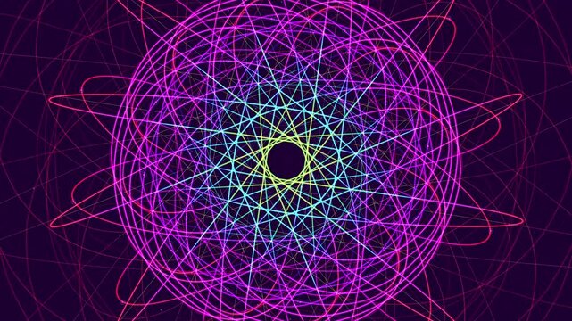 Hypnotic fiber optic capillary mandala weaving vibrant pink and cyan threads. This bandwidth visualization is perfect for 5G and telecom brand films or premium tech presentation backgrounds.