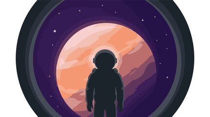 Silhouette of an astronaut gazing at a glowing planet in deep space © StockStudio