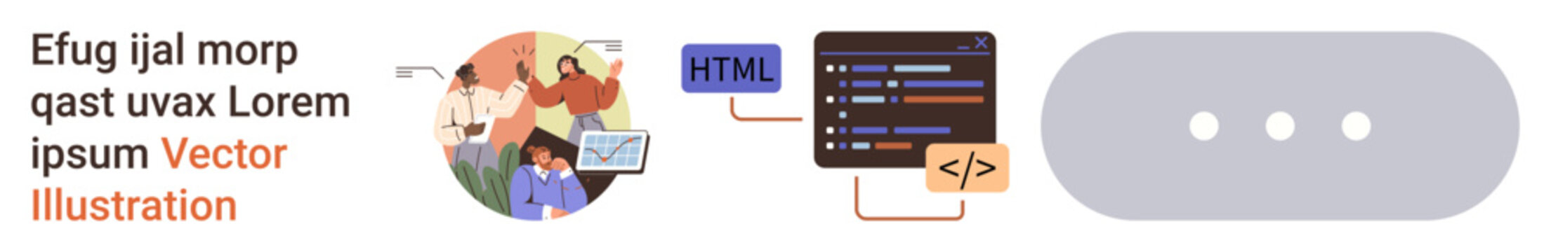 Web development, collaboration, coding, teamwork, UI design, software projects. Scene shows a team working on a project alongside code snippets and HTML tags. Web development and collaboration