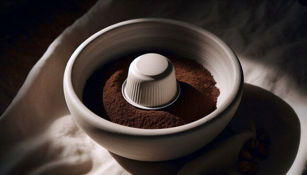 A single, empty coffee capsule mockup made of biodegradable material, placed on a bed of coffee grounds in a ceramic bowl, Ai generated image