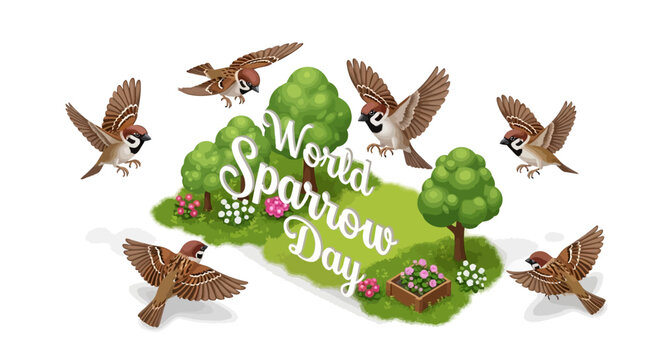 Illustration of flying house sparrows around trees and flowers on World Sparrow Day with a green landscape and pink blooms against a white background.