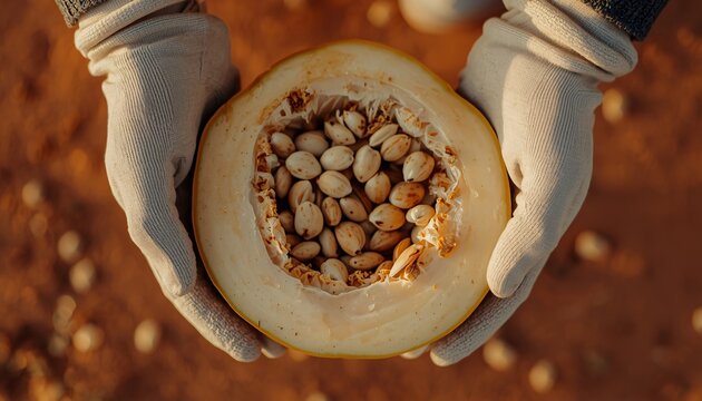 Hands Wearing Garden Gloves picking Melon Seeds (Kharbuja Beej)