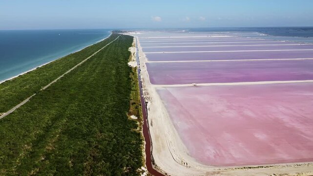 Aerial drone view of Las Coloradas pink salt evaporation ponds stretching along the coastline of the Yucatan Peninsula near the Caribbean Sea