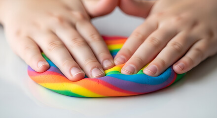 Fototapeta premium Child hands pressing vibrant rainbow clay and dough on a white surface