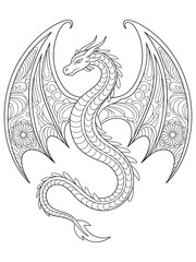 Enchanting Dragon Fantasy Coloring Page: Intricate Line Art of Medieval Mythical Creature with Wings and Scales - Whimsical Artistic Expression for Imaginative Relaxation and Creative Arts and Crafts