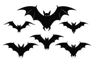 Fototapeta premium Set of black bats silhouettes isolated on white. Scary flying bats collection for Halloween and horror design vector.