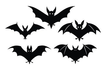 Fototapeta premium Collection of mystical flying bat silhouettes. Gothic style nocturnal animal icons for Halloween party posters and spooky background design vector.