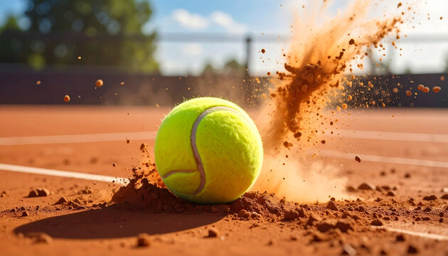A closeup of a round yellow tennis ball rests on the green sport court equipment during a competitive game activity