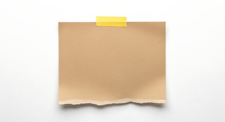 Fototapeta premium Close-up of a torn brown paper note attached with yellow tape on white surface.