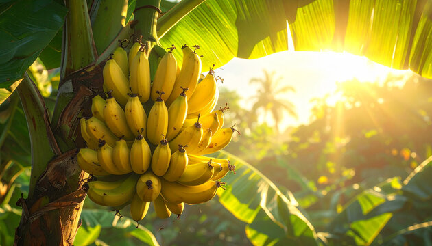 A bunch of fresh green organic bananas hangs from a tropical tree on a natural farm plantation in Thailand, showcasing healthy agriculture in nature