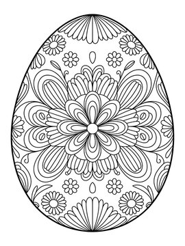 Intricate Hand-Drawn Floral Egg Ornament with Mandala Zentangle Patterns: Artistic Easter Coloring Page for Adults and Children