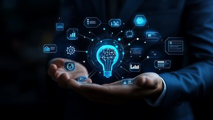 Fototapeta premium Businessman Holding Digital Light Bulb with Futuristic Icons and Data Streams technology innovation