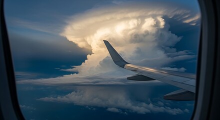 Fototapeta premium Dramatic aerial view from airplane window showcasing stunning cloud formations and wing.