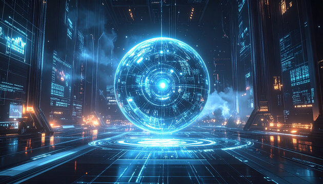 Desain latar belakang digital ini menampilkan komposisi virtual fractal realms dengan perwakilan pola matematika dan elemen cahaya pada kisi data dunia maya