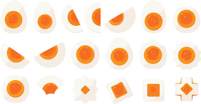 Boiled egg shapes and slices collection with yolk variations breakfast protein food ingredient vector illustration set
