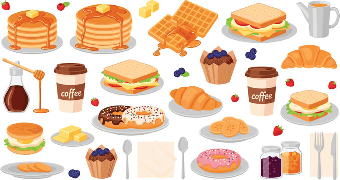 Breakfast Cafe Food Vector Collection with Pancakes, Waffles, Croissants, Donuts, Sandwiches, Coffee Cups and Sweet Pastries