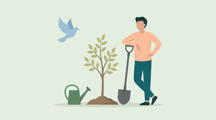 Man planting a young tree with a shovel and watering can, dove flying © StockStudio