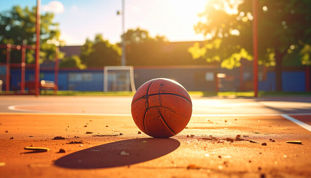 An orange basketball sphere rests on a wooden sports court floor near the basket during a competitive team game activity
