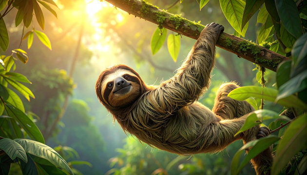 A wild baby tiger with orange fur climbs a green tropical jungle branch in the rainforest wildlife nature