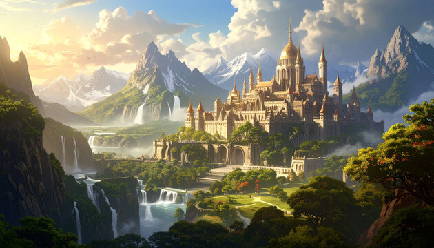 Historic stone cathedral and medieval castle towers stand against a panoramic mountain view at dawn and dusk over a landmark European city