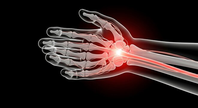 Medical Illustration of Hand Bones with Highlighted Pain Area, Showing Inflammation and Injury.