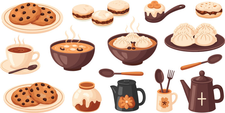 Coffee and dessert collection with chocolate chip cookies hot cocoa dumplings cakes teapot cups and sweet treats vector set