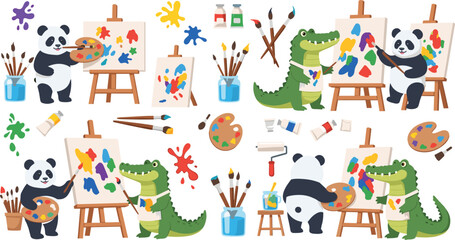 Obraz premium Cute Animal Artist Set with Panda and Crocodile Painting on Canvas with Brushes, Palette and Easel Vector Illustration