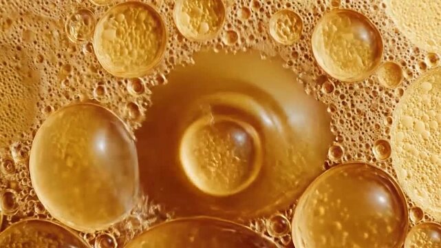Close-up view of golden liquid bubbles and foam