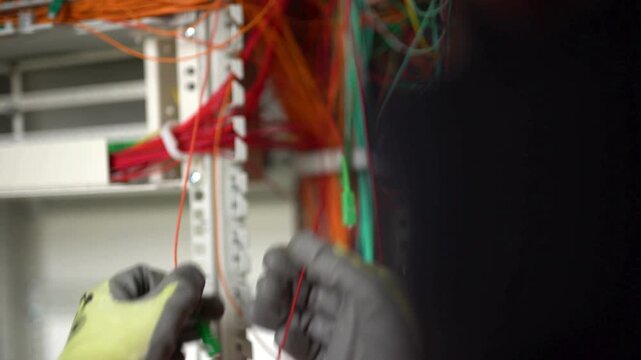 experienced technician fixing wires of fiber optical services blurred foreround.
