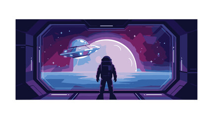 Astronaut in spaceship observing alien planet and UFO in vibrant space © StockStudio
