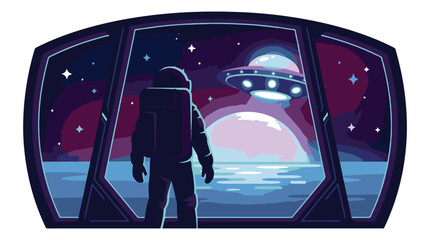 Astronaut in spaceship observing a glowing UFO above a vibrant alien planet © StockStudio