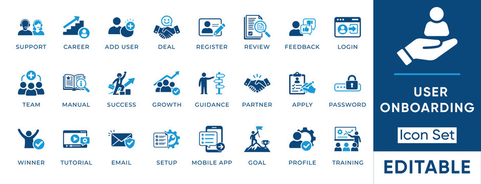 User onboarding icon set. Containing login, register, profile, support, training, feedback, setup, team and more. Solid vector icons collection.