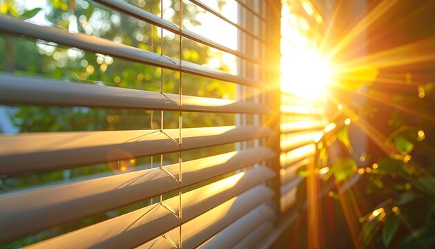 A warm sunbeam filters through partially closed blinds