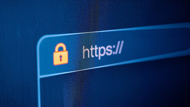 Macro Close-Up of HTTPS Padlock on Screen Cyber Security and Data Protection Concept