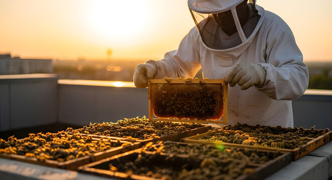 A person in a white protective bee suit holding up a honeycomb frame covered in bees during the golden hour of sunset