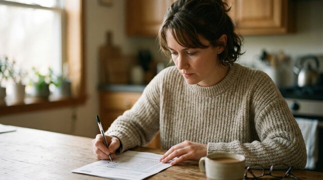 Person seated at a kitchen table carefully marking questionable charges on a credit card statement with warm natural light softly blurring the room behind.