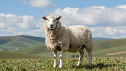 Fototapeta premium A Single Sheep Standing on a Grassy Hillside with Green Rolling Hills and Blue Sky in the Background