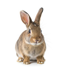 Obraz premium A cute brown rabbit with long ears sitting on a white background.