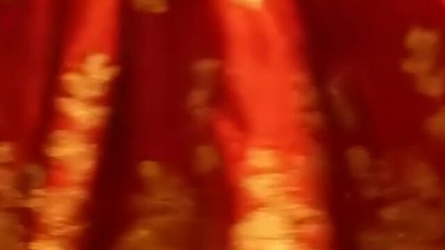 Close-up of intricate red fabric with golden embroidery details.