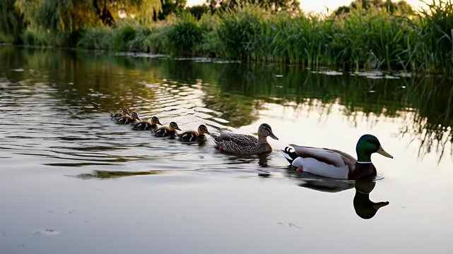 A family of ducks glides silently in formation on the water