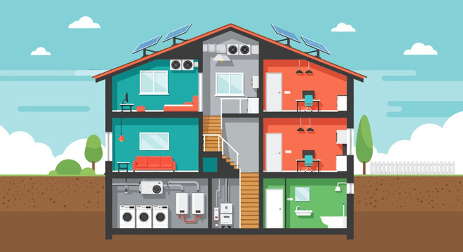 Smart Energy Efficient House Cross Section Illustration with Solar Panels, Heat Pump, and HVAC System for Sustainable Living and Eco Friendly Residential Technology Concept