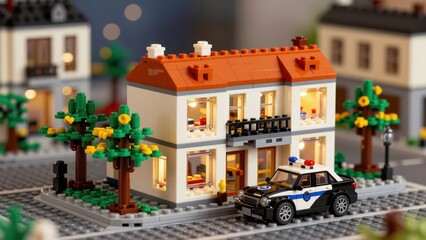 Fototapeta premium Detailed Lego Model of a Two-Story House with Lights and Police Car in a Miniature City Scene