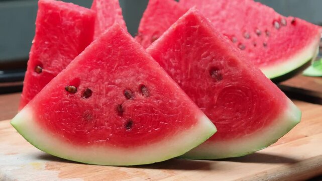 Fresh watermelon slices arranged on a wooden plate.